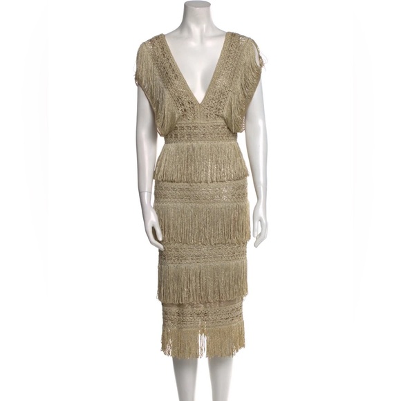 PatBO Dresses & Skirts - PATBO Plunge Neckline Gold Fringe Midi Sheath Dress Size 0